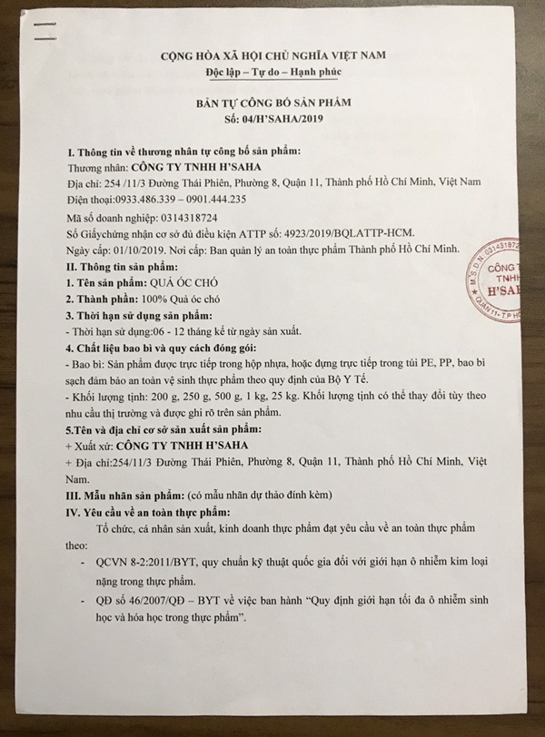 Giấy công bố Hạt óc chó Mỹ HSaHa