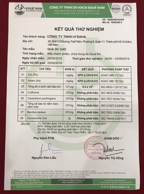 Giấy xét nghiệm Hạt óc chó Mỹ HSaHa
